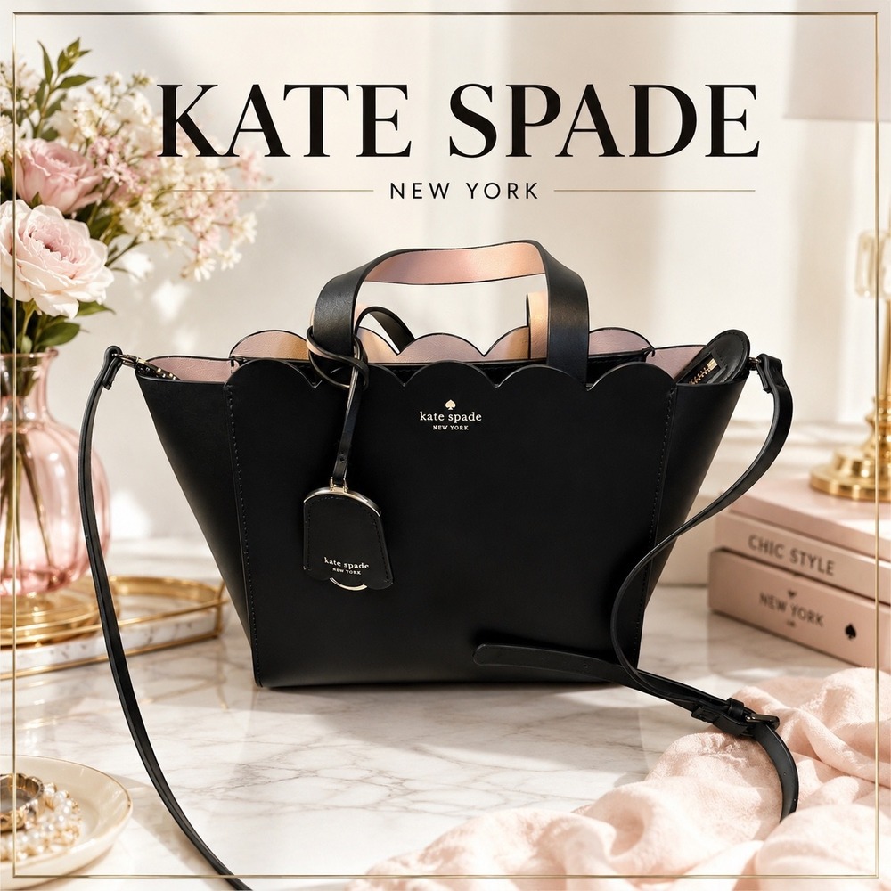 Kate Spade Crossbody Black Purse Lily Ave. Carrigan Scalloped Leather Tote Bag